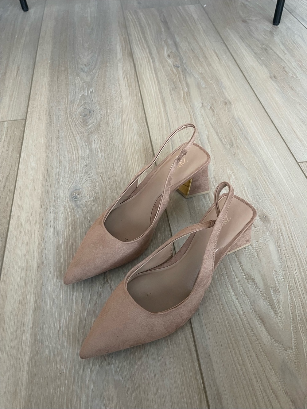 Zara Suede Slingback Block Heel Pumps - gold heel